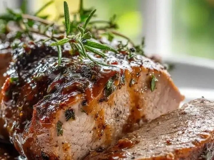 Slow cooker apple butter glazed pork tenderloin served with fall vegetables.