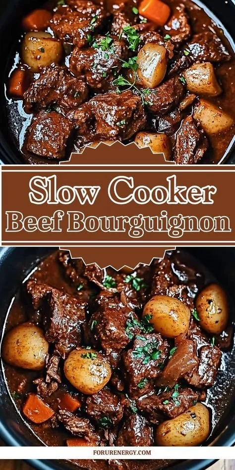 A bowl of Slow Cooker Beef Bourguignon garnished with fresh herbs.