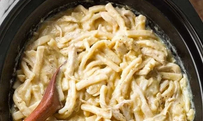 Delicious slow cooker chicken and noodles served in a bowl