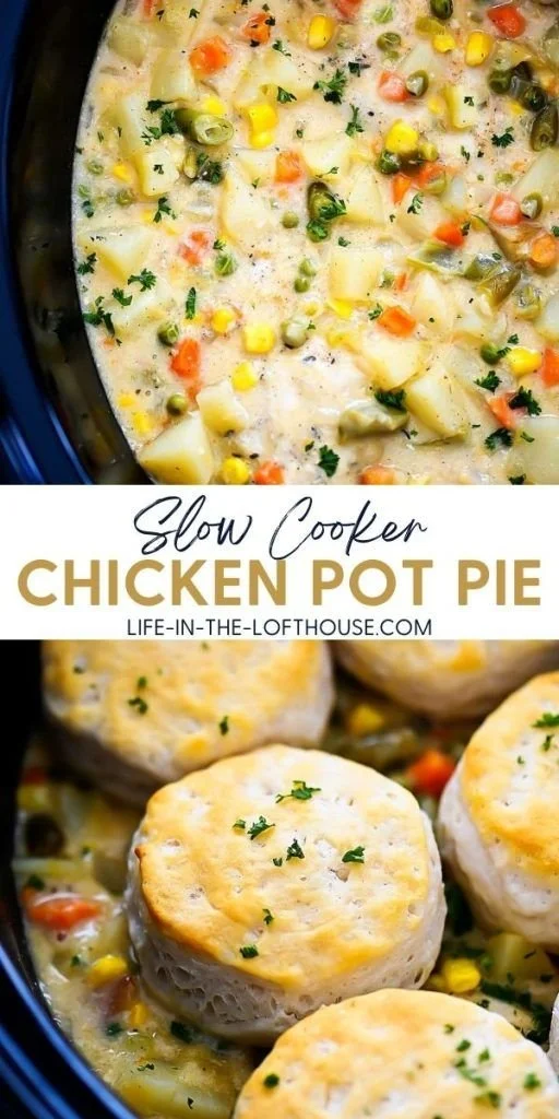 Delicious slow cooker chicken pot pie with vegetables and flaky crust