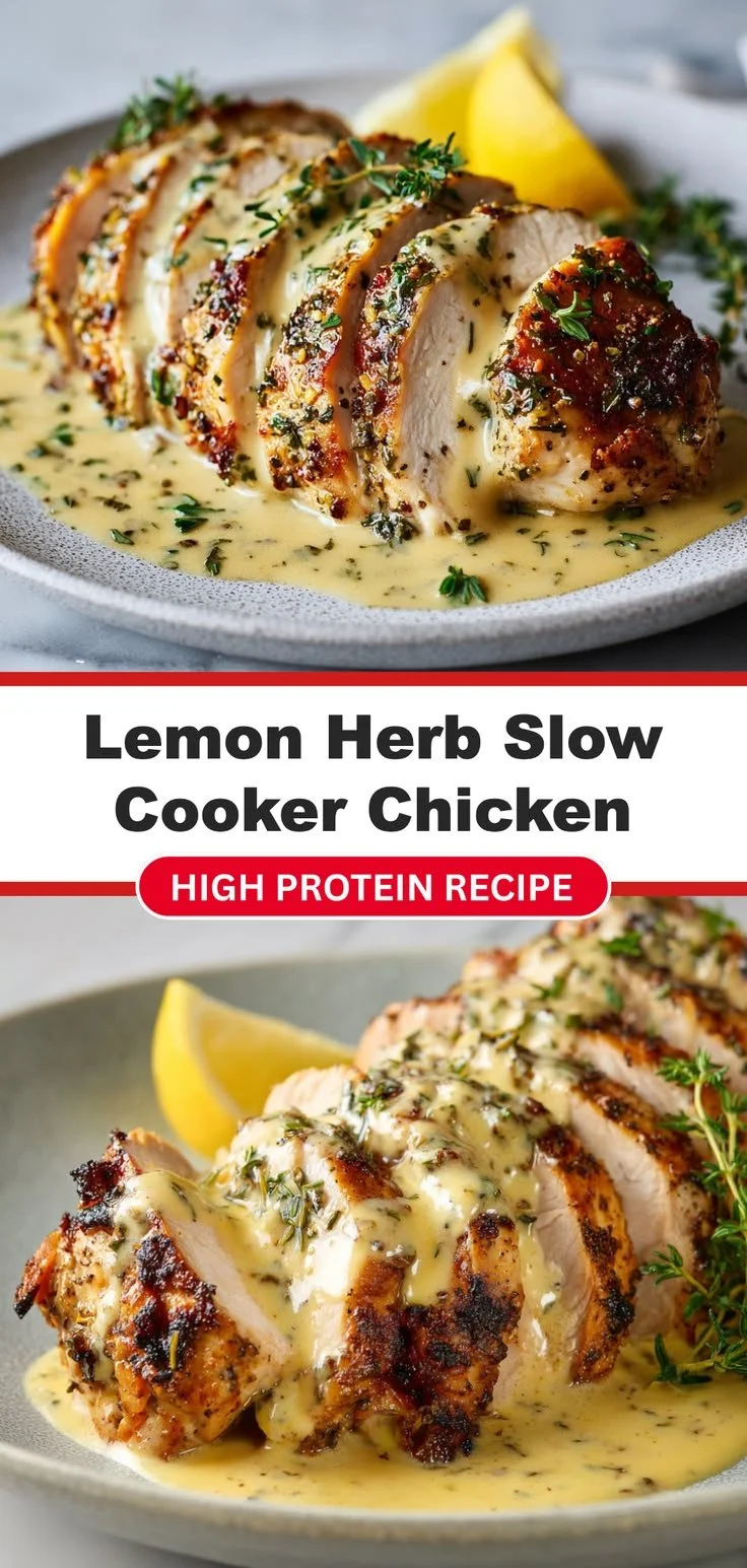 Slow Cooker Lemon Herb Chicken dish garnished with fresh herbs