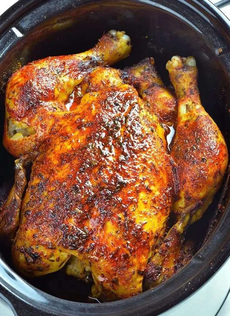 Delicious slow cooker rotisserie chicken with herbs and spices