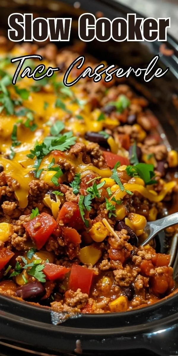 Slow Cooker Taco Casserole dish topped with cheese and garnished with cilantro