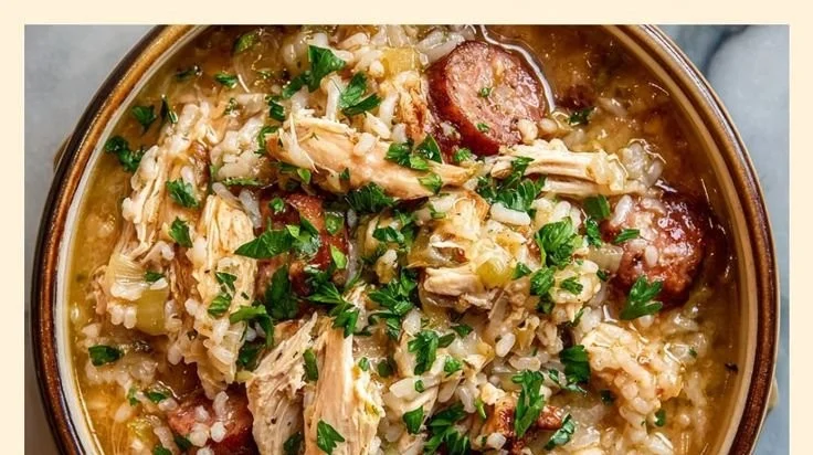 Delicious Southern Chicken Bog served in a rustic bowl, showcasing tender chicken and rice.