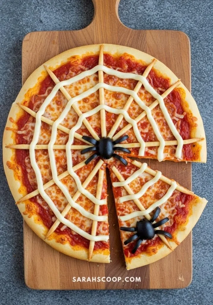 Delicious Spider Web Pizza topped with cheese and pepperoni in a spooky design