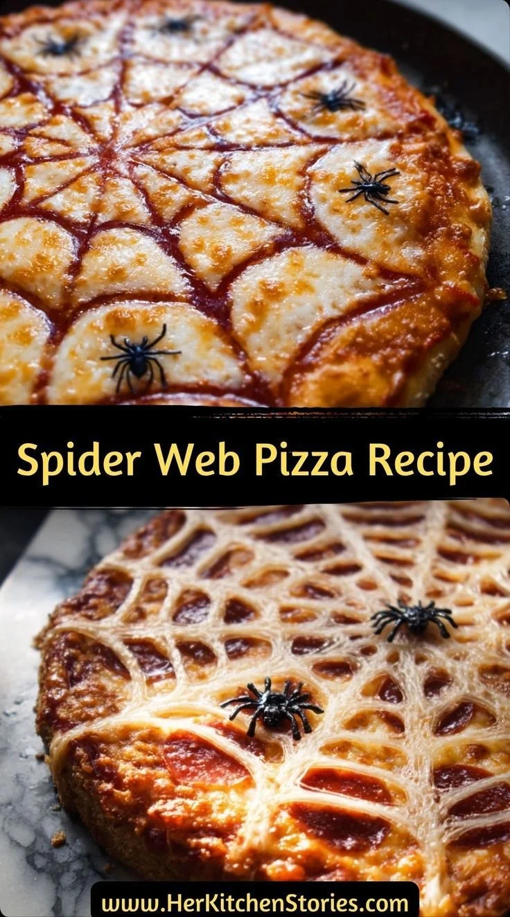 Spider Web Pizza Halloween recipe with cheese and toppings in a spooky design