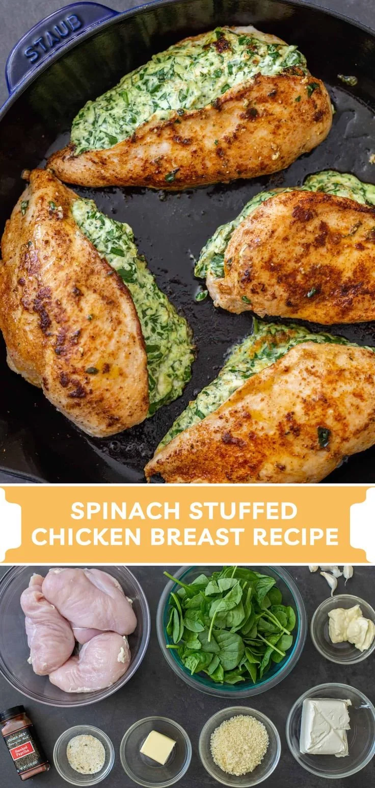 Juicy spinach stuffed chicken breast filled with creamy spinach and cheese.