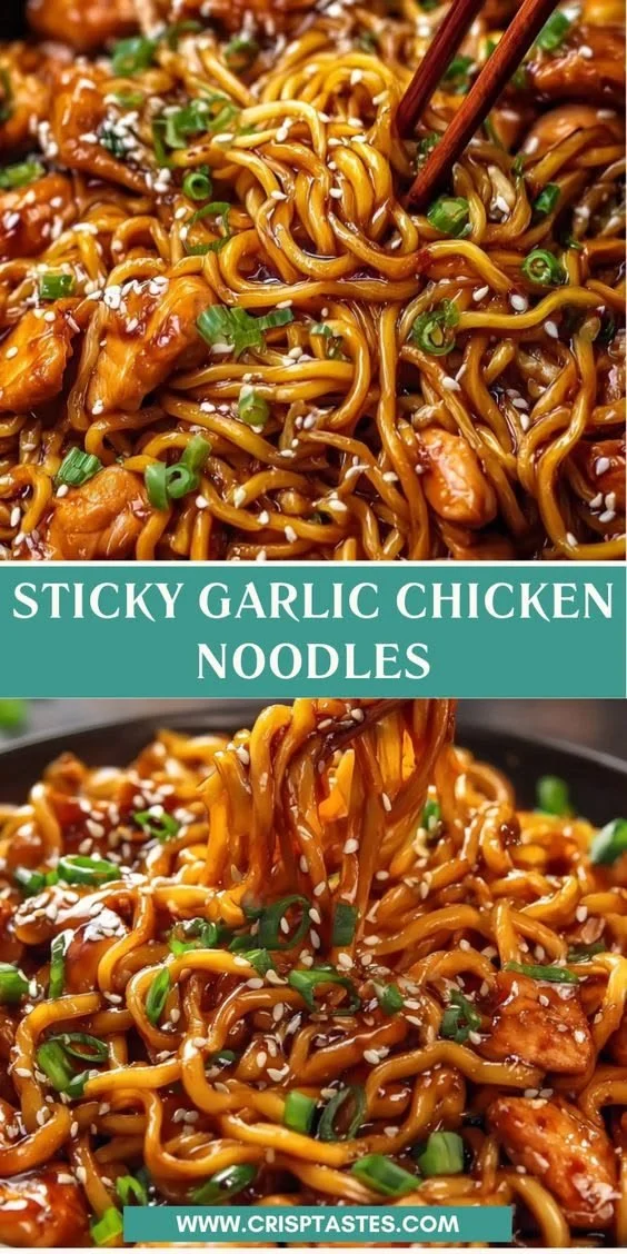 Sticky garlic chicken noodles served with fresh herbs and vegetables.