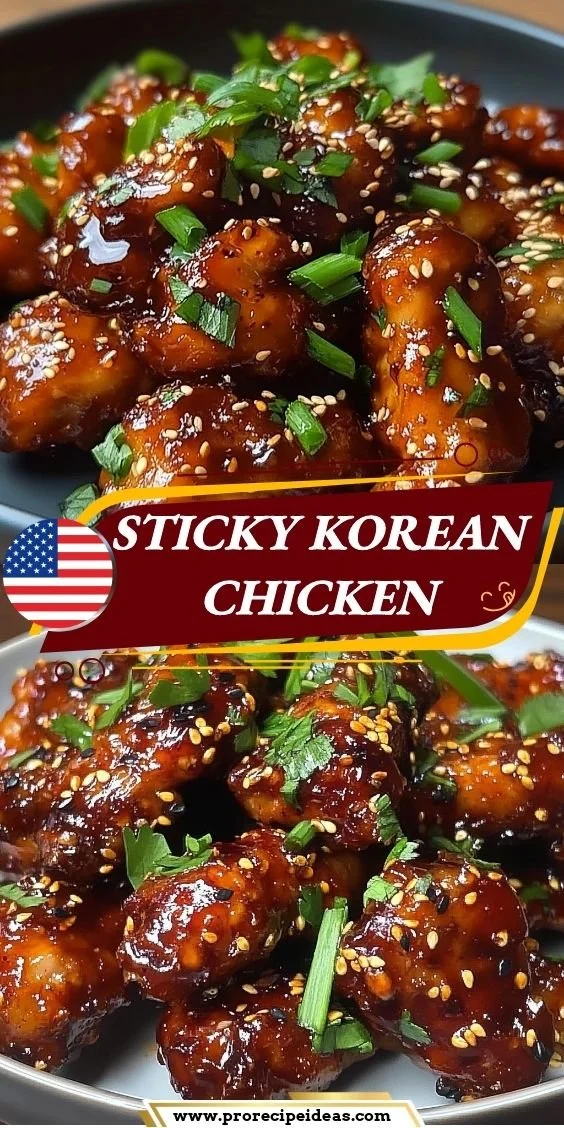 Sticky Korean chicken served with sesame seeds and scallions on a plate.