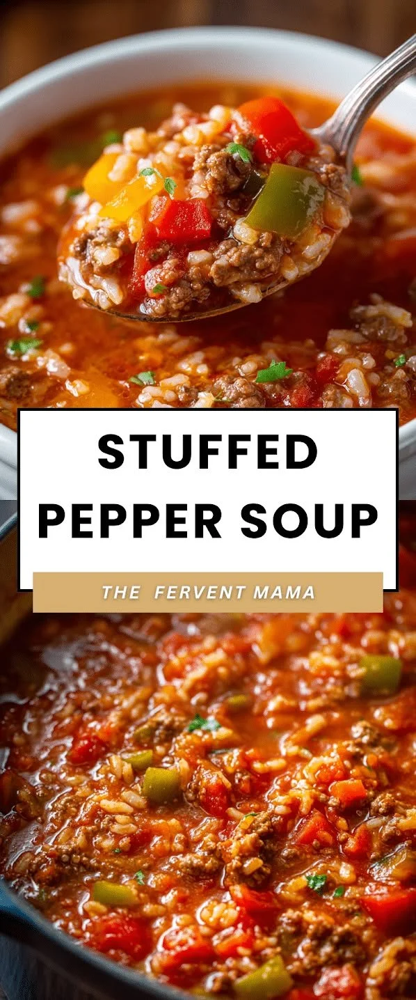 A bowl of savory stuffed pepper soup with colorful peppers and fresh herbs.