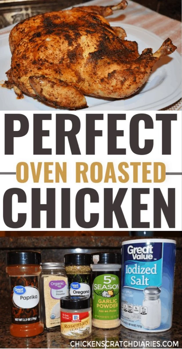 Perfectly whole roasted chicken on a platter with herbs and spices