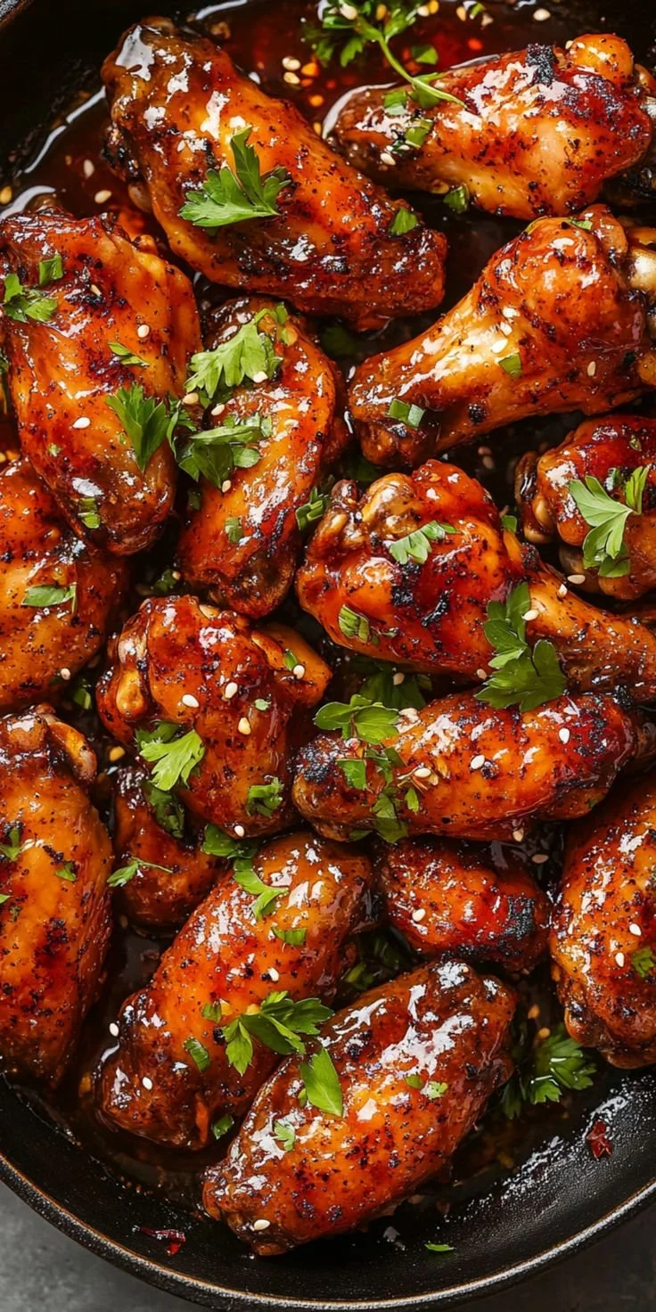 Delicious sweet and spicy chicken wings served on a platter
