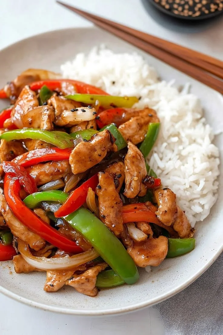 Take-out style black pepper chicken with vibrant vegetables and spices