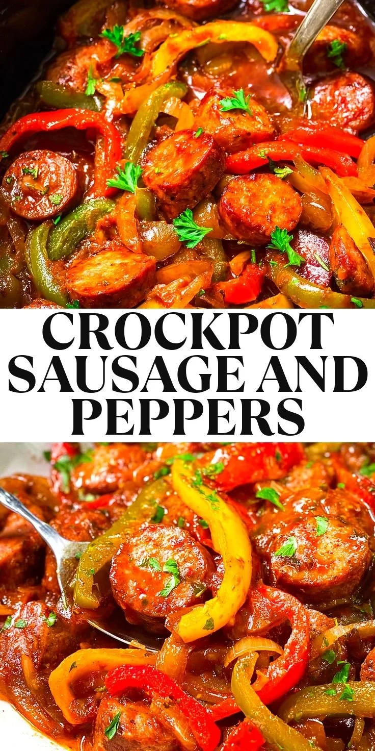 Crockpot sausage and peppers in a slow cooker, ready to be served.