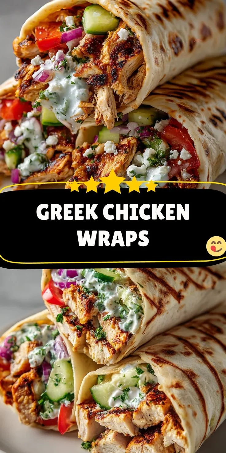 Delicious Greek chicken wraps on a plate, garnished with fresh ingredients.