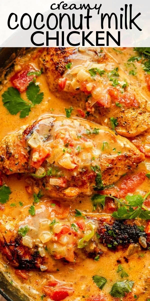 Delicious tender coconut milk chicken served with vegetables and rice.