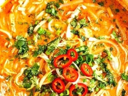 Bowl of delicious Thai chicken noodle soup garnished with fresh herbs.