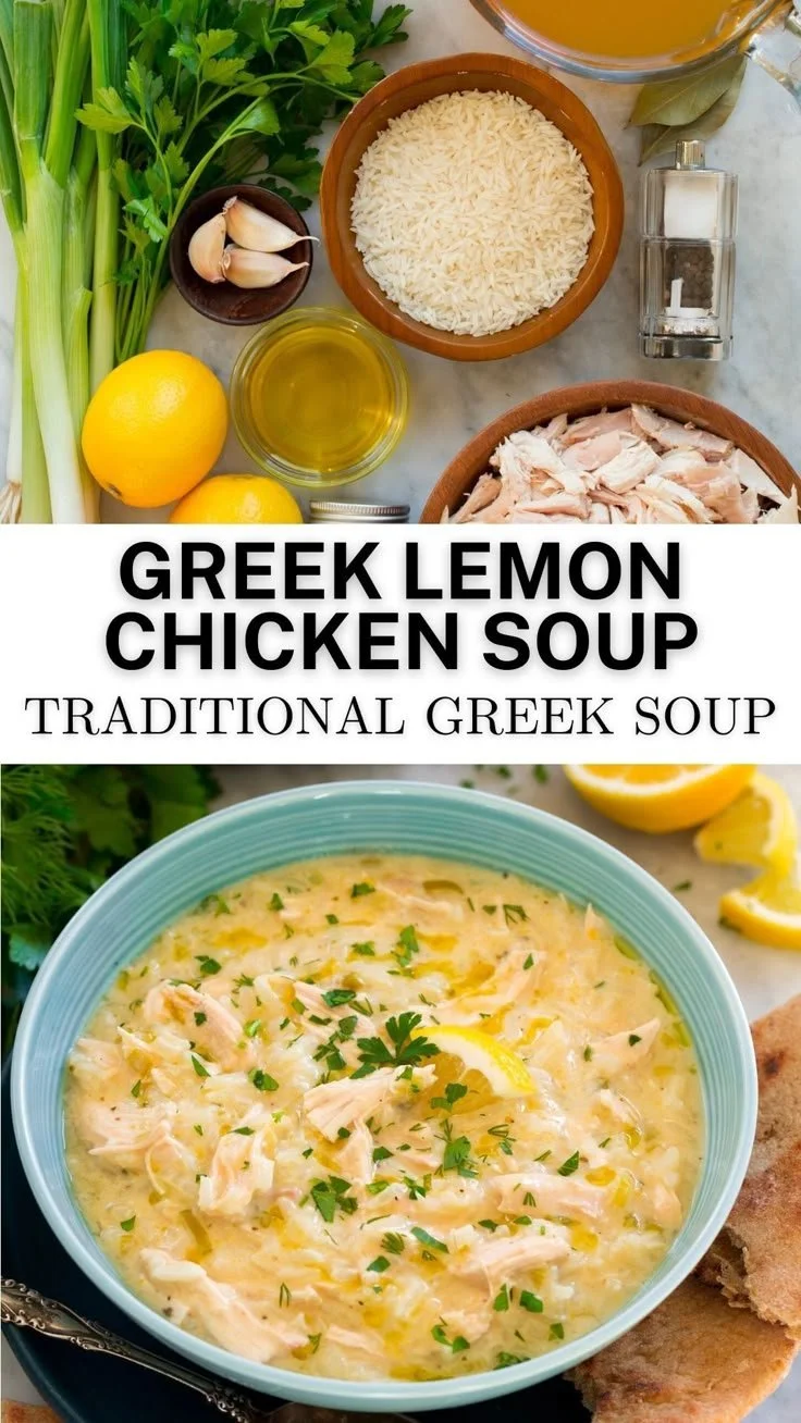 Bowl of delicious avgolemono soup garnished with lemon and herbs