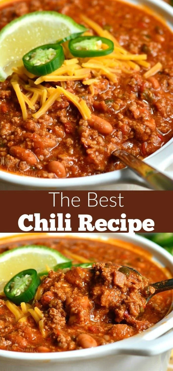 A bowl of the best beef chili topped with cheese and fresh herbs