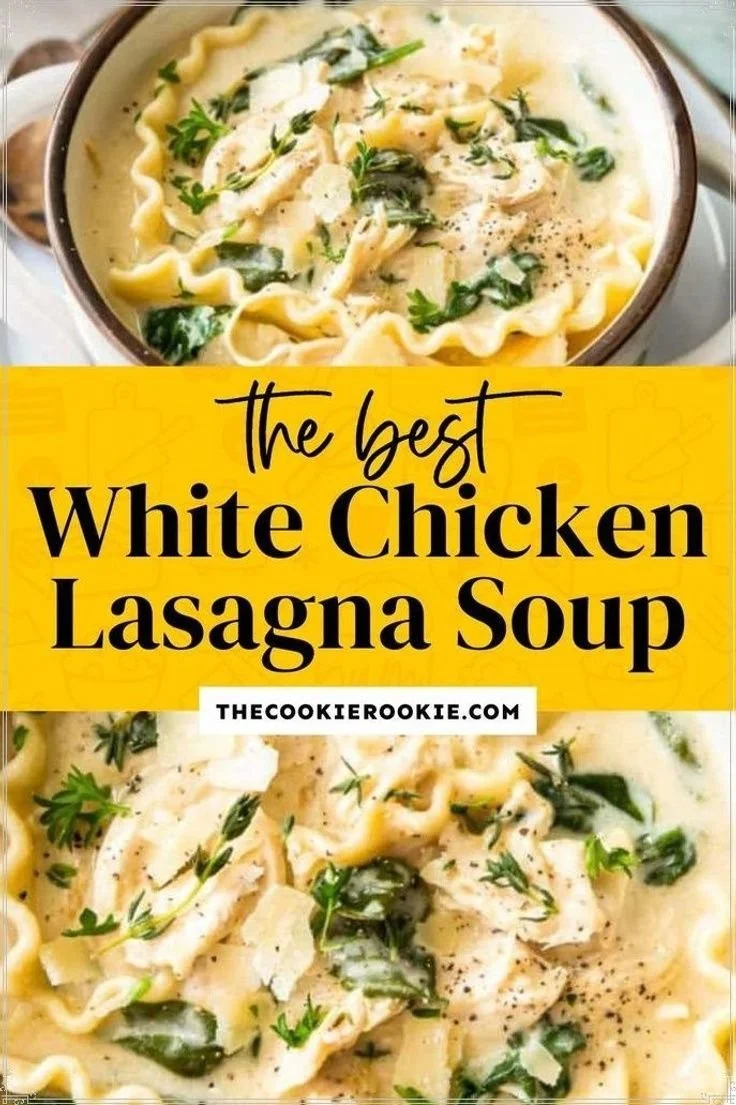 Bowl of creamy chicken lasagna soup topped with cheese and herbs