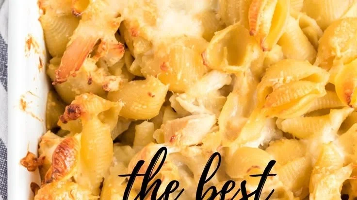 Delicious leftover chicken casserole topped with cheese and herbs