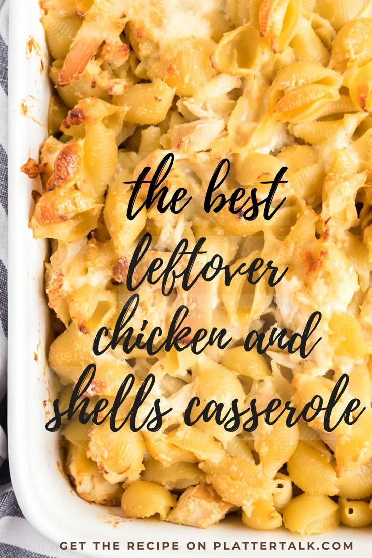 Delicious leftover chicken casserole topped with cheese and baked to perfection