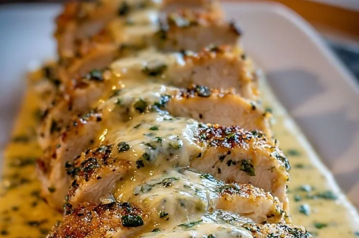 Baked Caesar Chicken with creamy Parmesan sauce on a plate