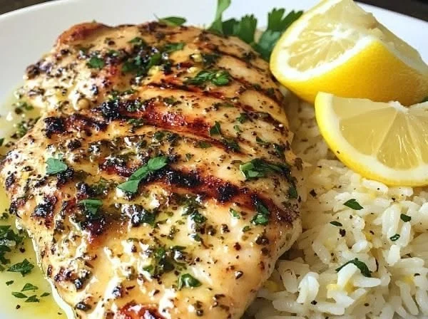 Zesty Greek Chicken Bake with Lemon Rice served in a rustic dish